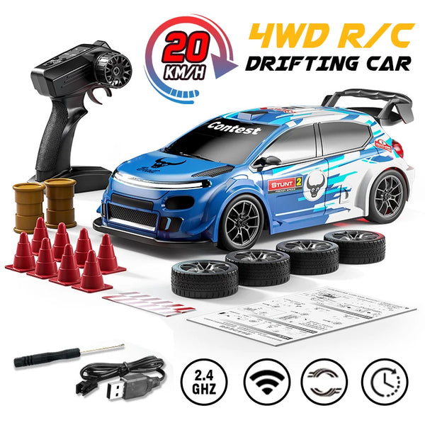 Bladesblaues 4WD Drifting RC-Auto mit Lenkrad und Zubehör, bereit für den Rennsport.