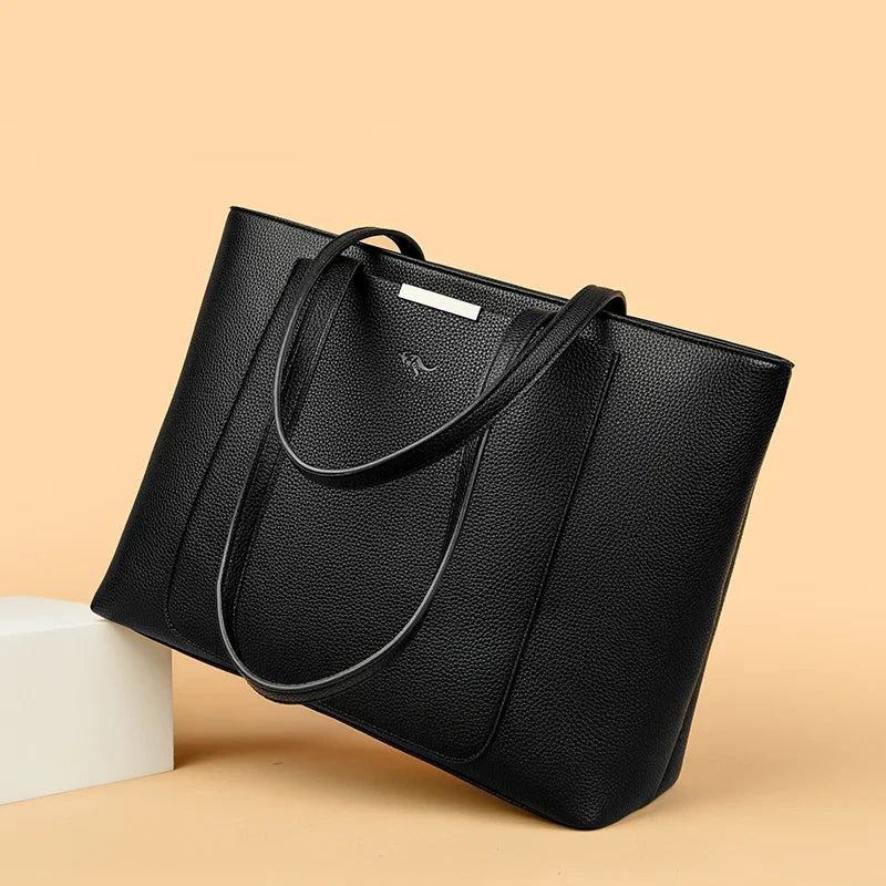Genuine Leather Tote Bag with Multiple Pockets &amp; Zipper Closure