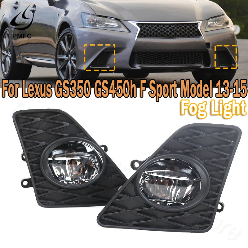 Pair of black LED front fog light grilles for Lexus GS350 and GS450h F Sport models.