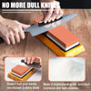 A hand is using a complete whetstone sharpening kit with a bamboo base to sharpen a knife blade.