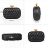 Black handwoven woven clutch bag with a gold chain strap shown from the side and top.
