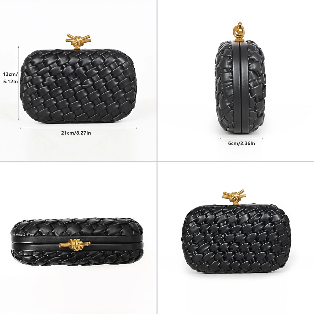 Black handwoven woven clutch bag with a gold chain strap shown from the side and top.