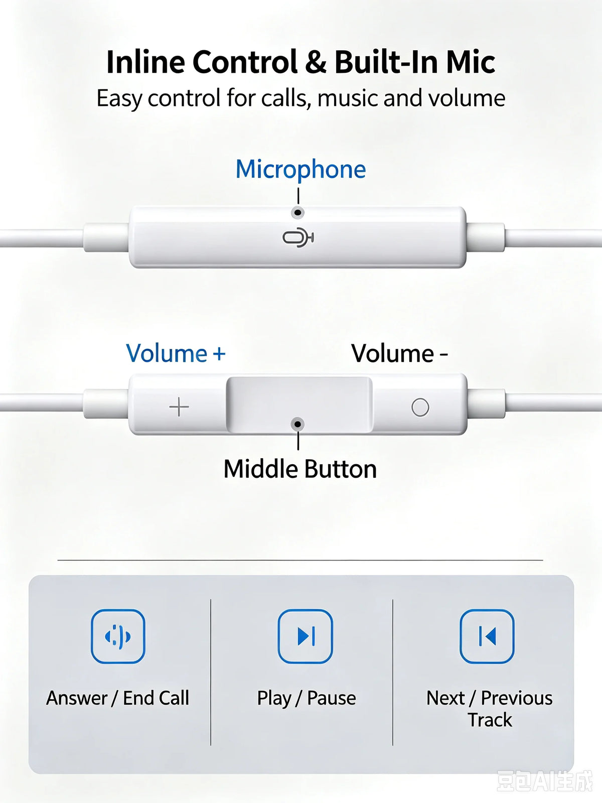 Diagram showing inline controls and a built-in microphone for in-ear headphones.