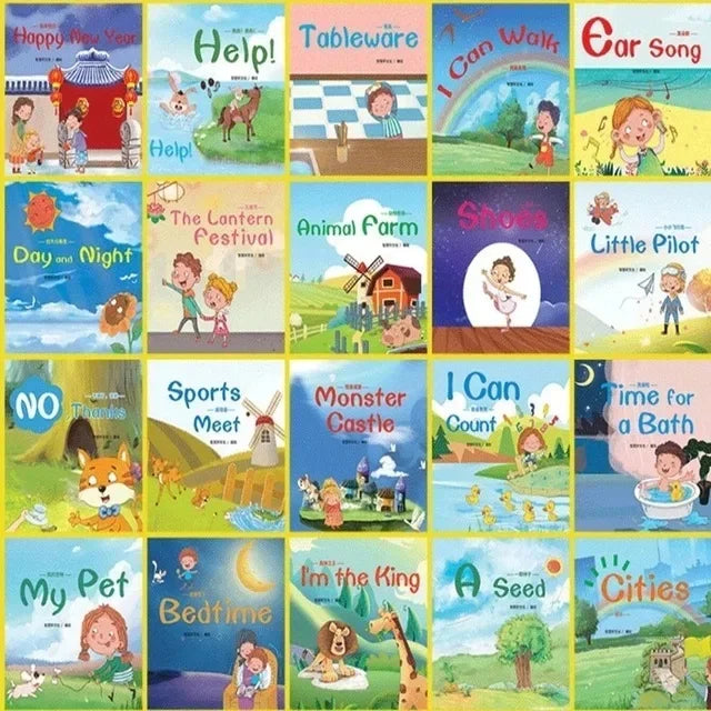 A grid of 60 picture books featuring various themes like animals, magic, and bedtime stories for early English learning.