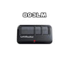 A black LiftMaster garage door opener receiver with a red indicator light.