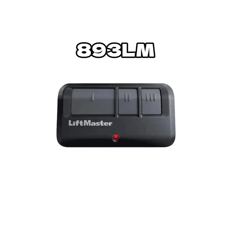 A black LiftMaster garage door opener receiver with a red indicator light.