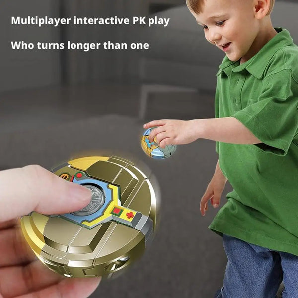 A young boy interacts with a gold and blue fidget spinner toy.