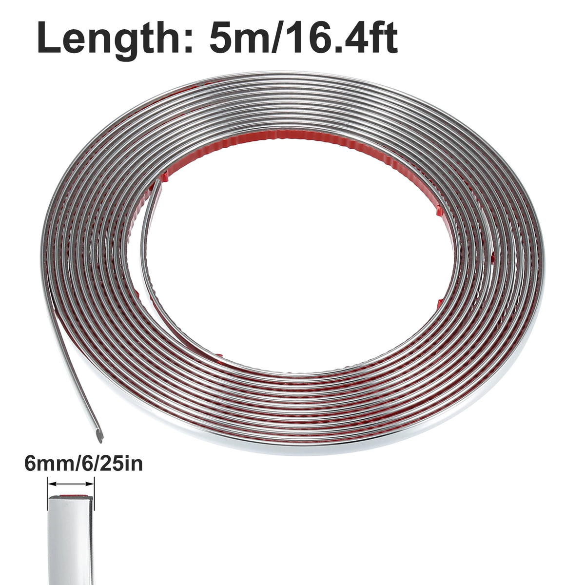 A coil of chrome car door edge guard trim strip with a 5-meter length and 6mm thickness.