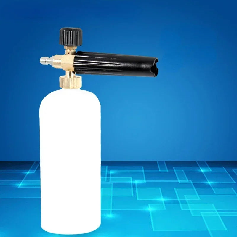A high-pressure foam lance car washer with a 1L bottle and nozzle against a blue background.