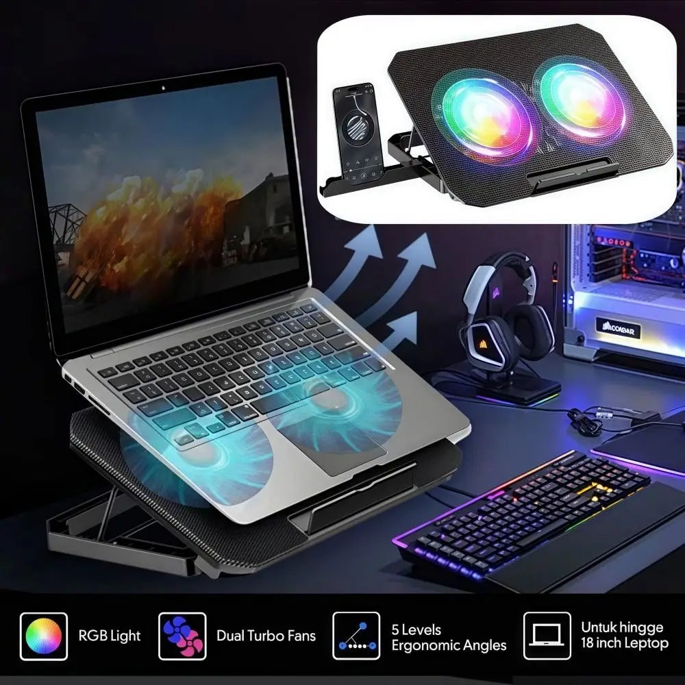 Adjustable RGB Laptop Cooling Pad with Dual Fans and Phone Holder