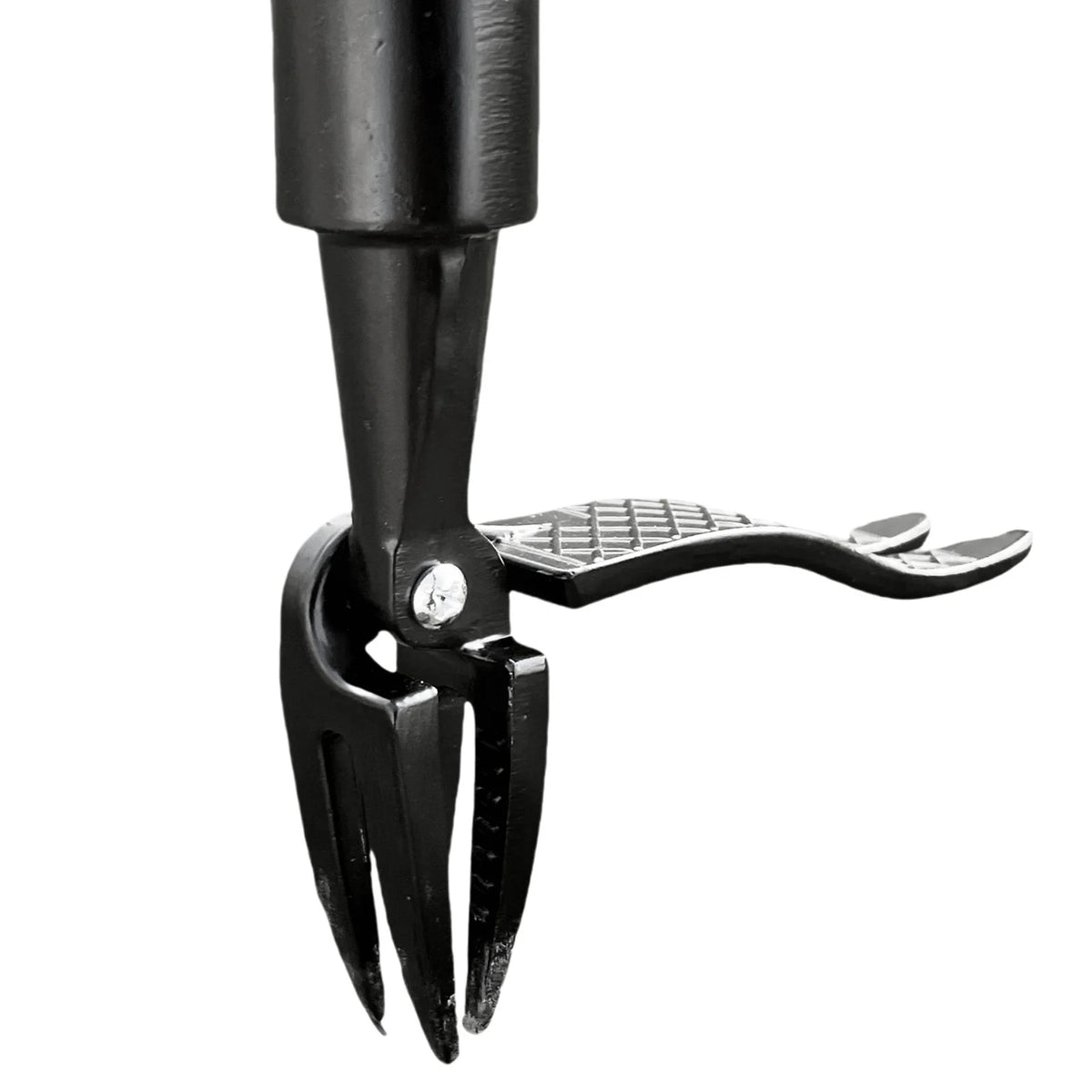 A close-up view of a black ergonomic stand-up weed puller tool.