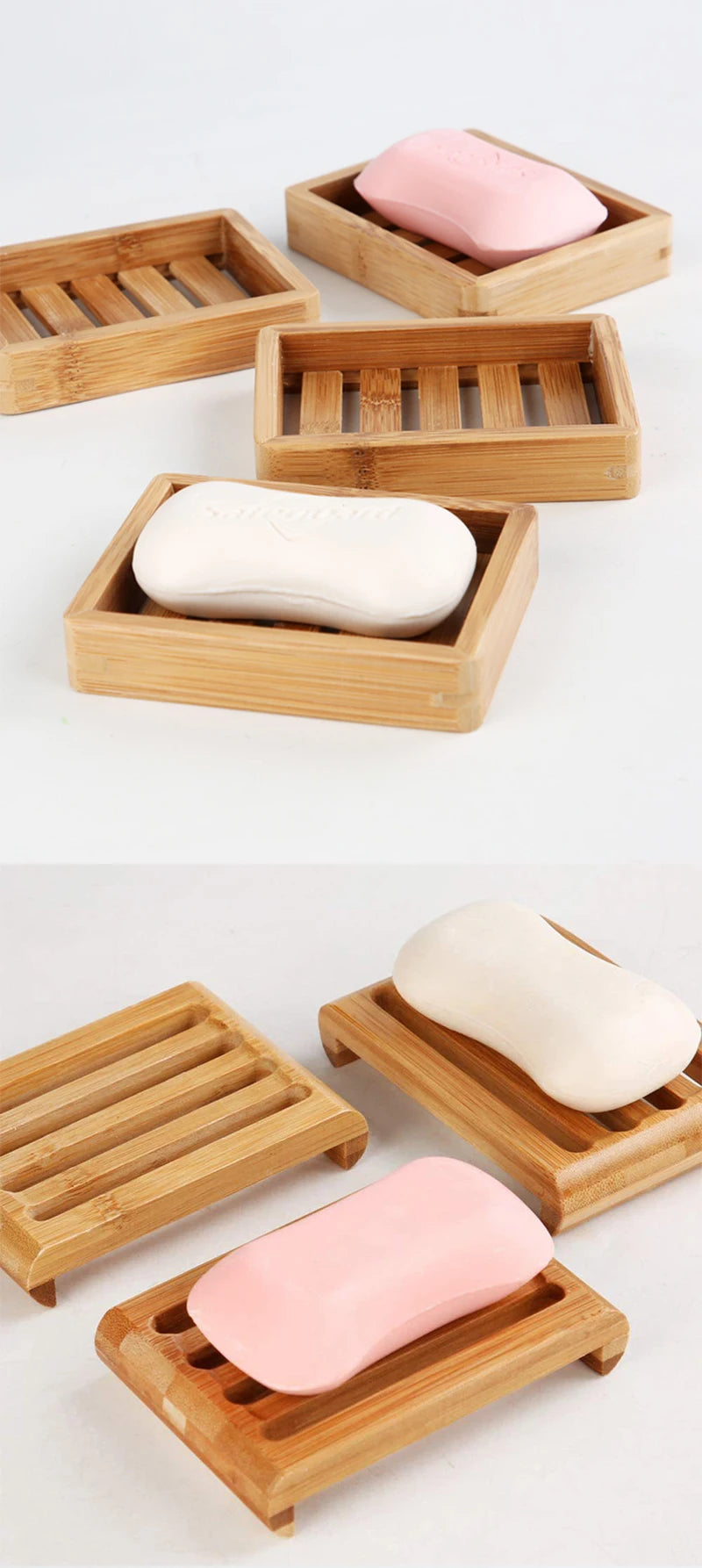 A set of natural bamboo soap dishes holding pink and white bar soaps.