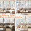 A sofa and living room setting showcasing the 3D rainbow privacy window film under sunny, cloudy, and light conditions.