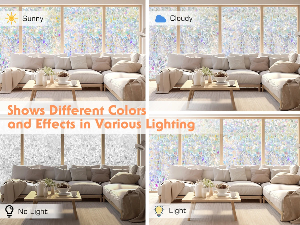 A sofa and living room setting showcasing the 3D rainbow privacy window film under sunny, cloudy, and light conditions.