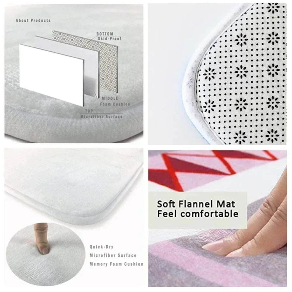 Close-up view of a soft flannel mat with a geometric pattern and a hand touching the fabric.