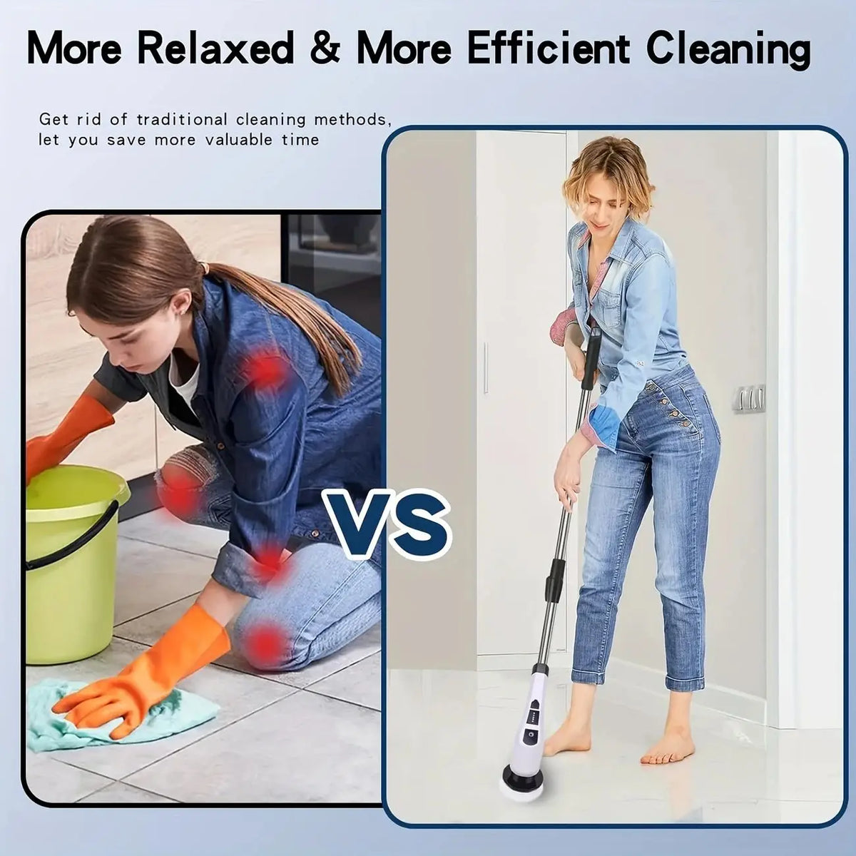 A woman is using a 9-in-1 electric cleaning brush on a floor, demonstrating an efficient cleaning method.