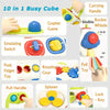 A collection of 10 in 1 busy cube toys showing various functions like a rocket whistle, switch, fidget toy, and spinner.