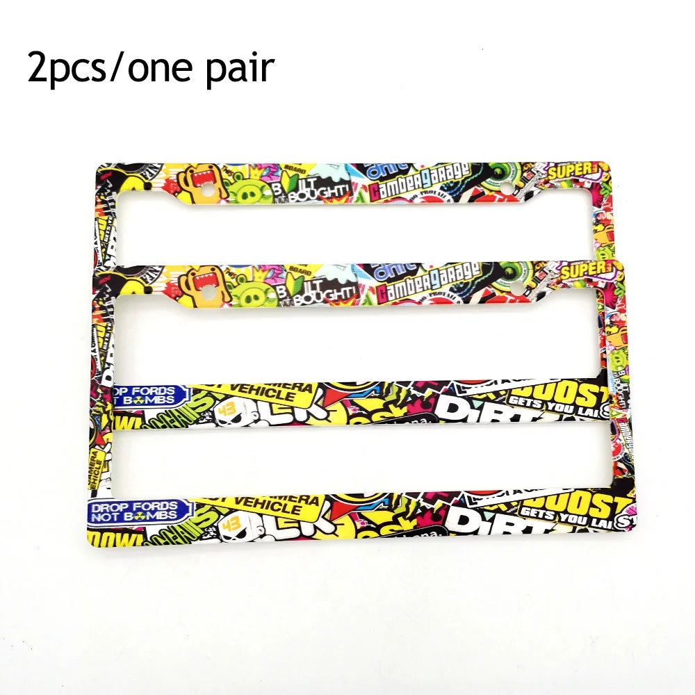 Two racing style license plate frames with a JDM aesthetic design