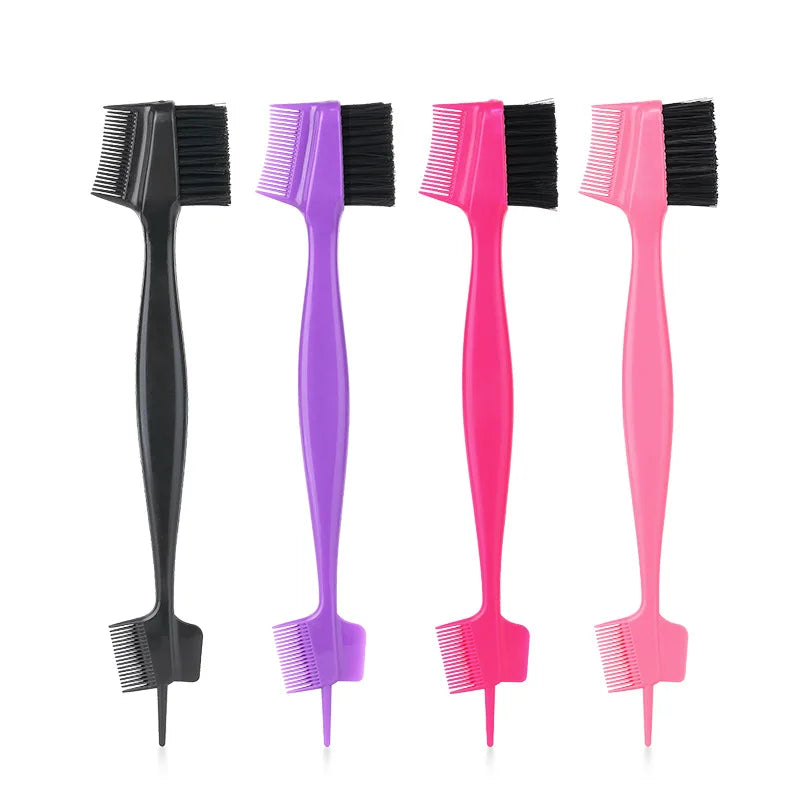 Four hairbrushes in black, purple, pink, and black with various bristles for styling.