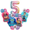 A set of pink and blue balloons shaped like the number 5 and featuring K-pop demon hunter themes for a birthday party.
