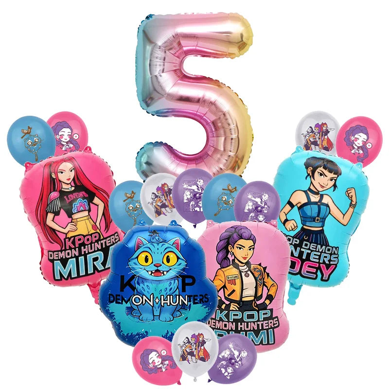 A set of pink and blue balloons shaped like the number 5 and featuring K-pop demon hunter themes for a birthday party.