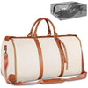 A beige foldable travel duffel bag with brown leather accents and a mesh shoe pouch visible.