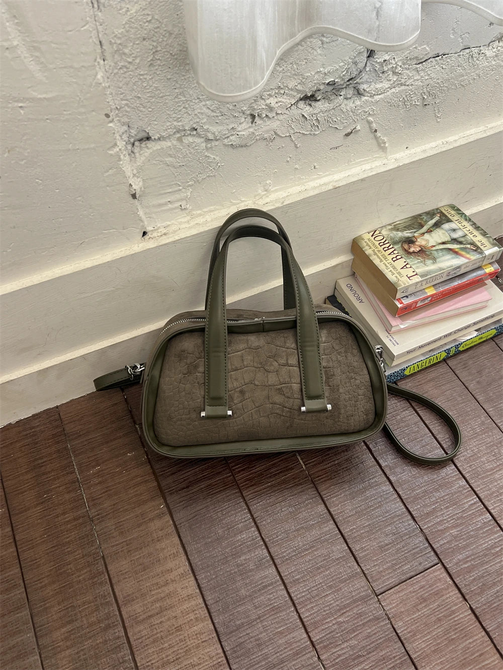 Vintage Croc-Embossed Mini Boston Bag with Dual Straps