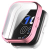 A pink Amazfit Bip 5 Unity smartwatch with a clear protective TPU case shown from the front.