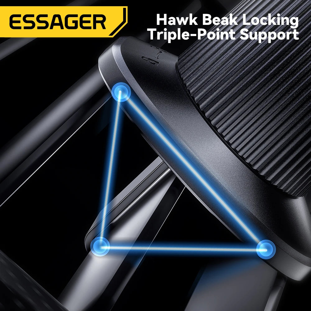 Close-up of a black magnetic triple-point support mount for a device, highlighting the locking mechanism with blue light line
