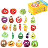 A collection of wooden animal and vehicle puzzles in various colors and shapes stored in a yellow box.