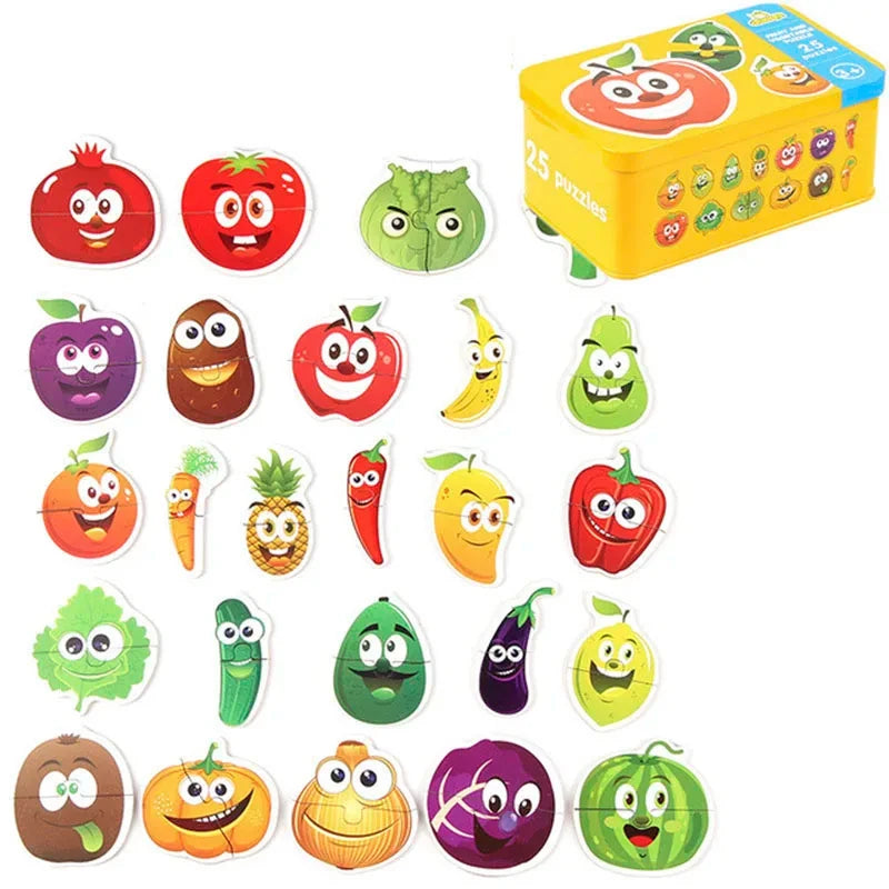 A collection of wooden animal and vehicle puzzles in various colors and shapes stored in a yellow box.