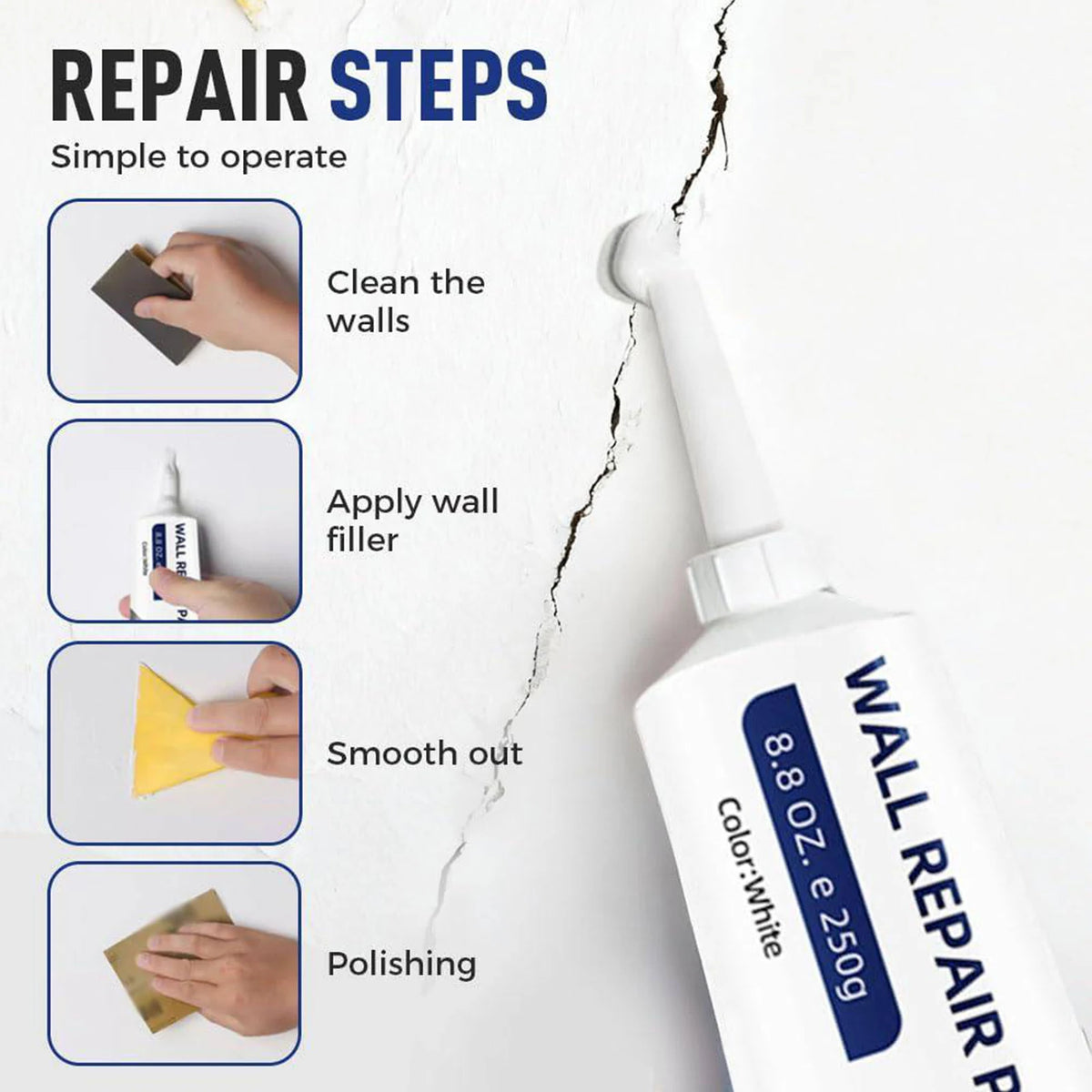 Diagram showing the repair steps for wall filler including cleaning, applying, smoothing, and polishing.