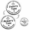 Two round decision coins are shown: one for Daddy's turn and one for Mummy's turn, both featuring a flip for your fate design