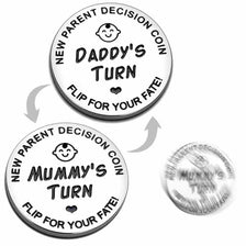 Two round decision coins are shown: one for Daddy's turn and one for Mummy's turn, both featuring a flip for your fate design
