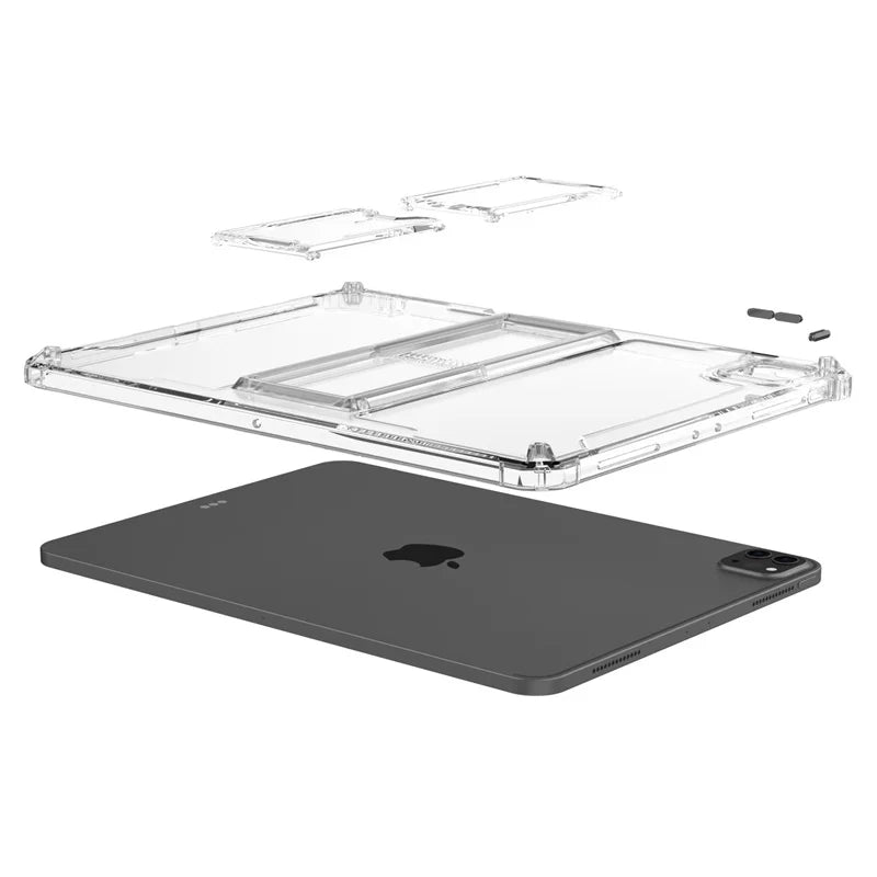 A clear protective case for an iPad, shown with multiple layers of clear plastic components.