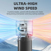 A close-up of a portable misting fan with a clear tank and a black base, set against a snowy mountain background.