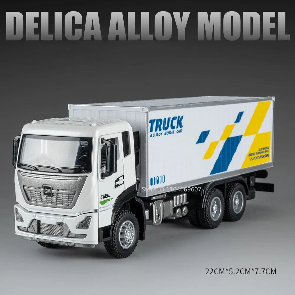 A white Delica Alloy model truck with a cargo box, shown in a side view.