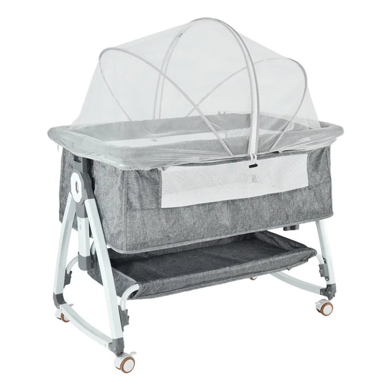 A gray universal baby mosquito net cover designed for bassinets, cribs, and car seats.