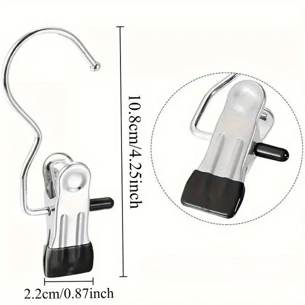 Stainless steel clothespins with hooks shown in a vertical layout and an enlarged view.