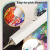 A white electric diamond art pen is shown with various colored diamonds and stones, demonstrating its easy-to-pick features.