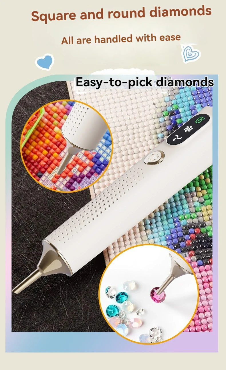 A white electric diamond art pen is shown with various colored diamonds and stones, demonstrating its easy-to-pick features.