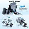 A black 360 degree rotating car phone mount with suction cup and air vent clips shown in various angles.