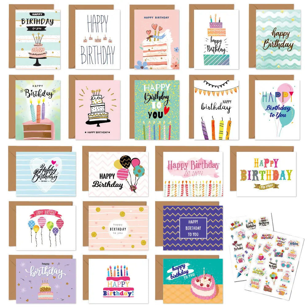 Set of 20 Happy Birthday Cards with Envelopes and Stickers