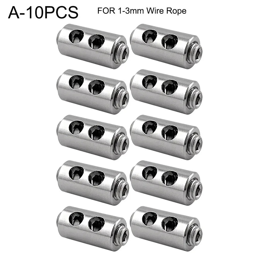 Ten stainless steel wire rope clamps for 1-3mm wire rope.