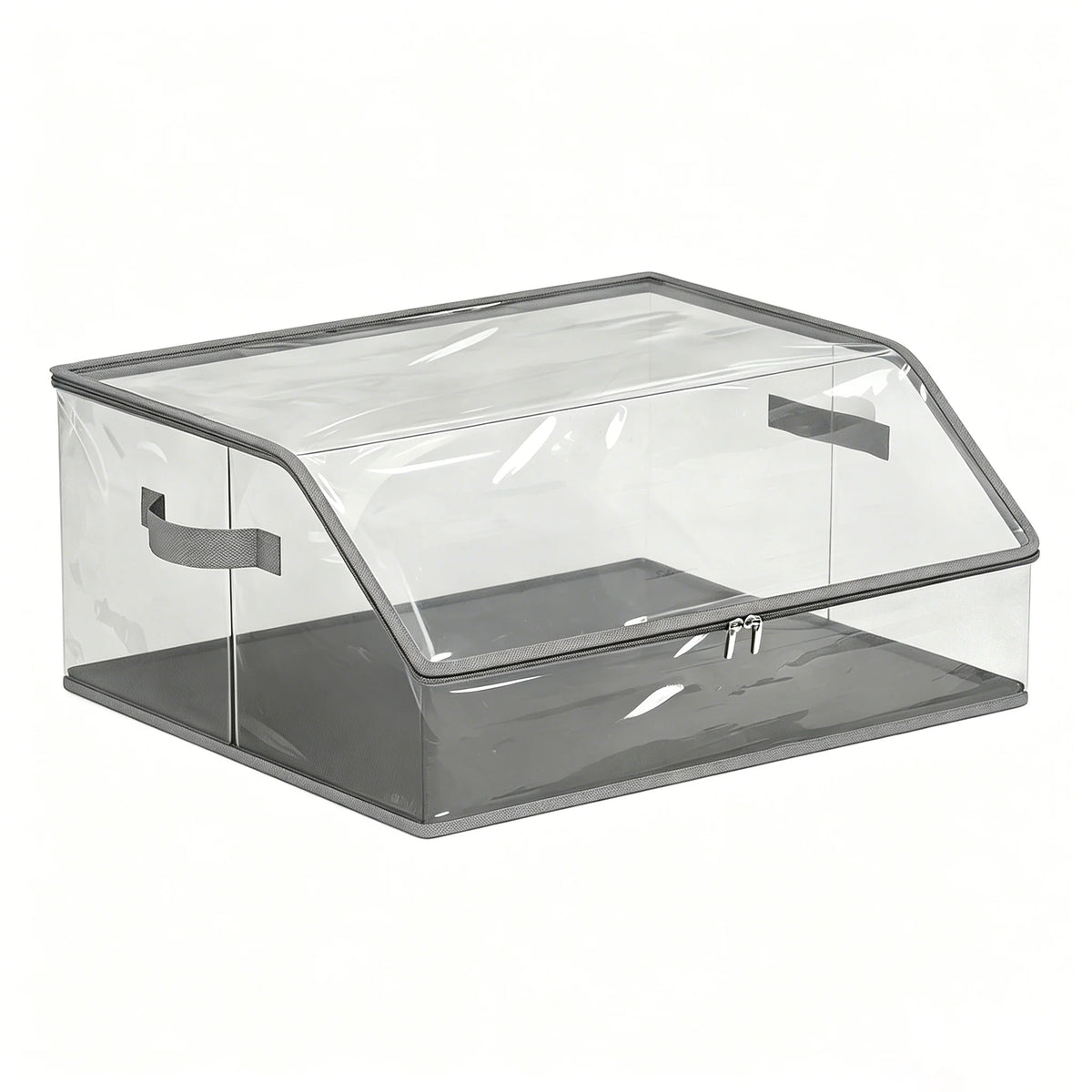 A clear, rectangular hat organizer with a slanted lid and a tray for storing baseball caps.