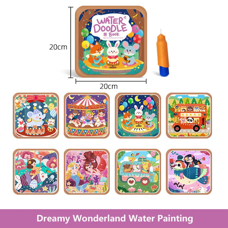 A set of watercolor painting pages and a drawing tool for a dreamy wonderland water painting book.