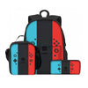 A black backpack set for kids gaming consoles featuring a main bag and two smaller accessories in red and blue colors.