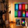 A floor lamp with an LED RGB light displays a vertical spectrum of colors, illuminating a grid of scenes.