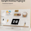 A white freestanding pegboard desktop organizer featuring shelves, hooks, and a digital clock.