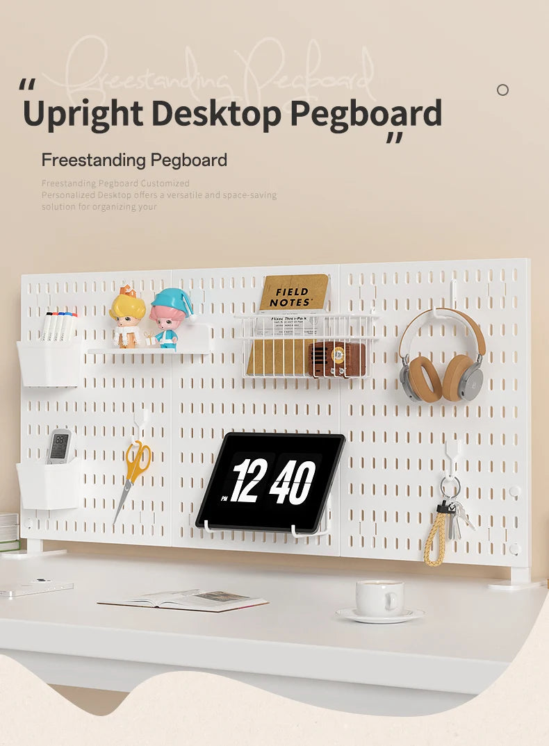 A white freestanding pegboard desktop organizer featuring shelves, hooks, and a digital clock.